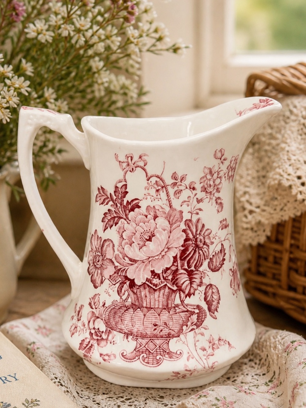 Alfred Meakin Charlotte Pitcher Red Transferware Floral England Cottagecore